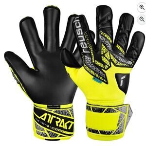 Reusch Attrakt Duo Evolution Goalkeeper Gloves Yellow Silver Black Sz 8